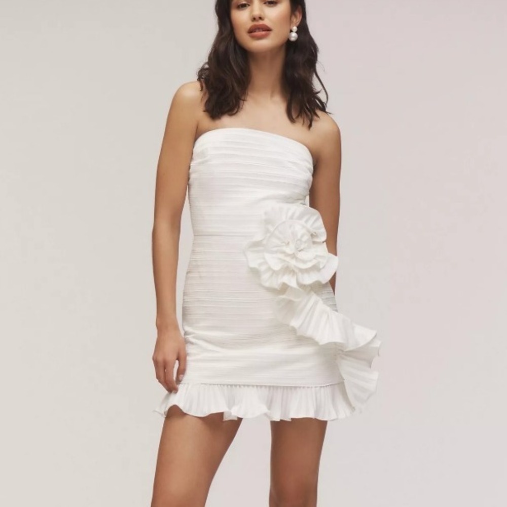 AMUR Isla Strapless Rosette Ruffle-Trim‎ Mini Dress 8 Ivory White